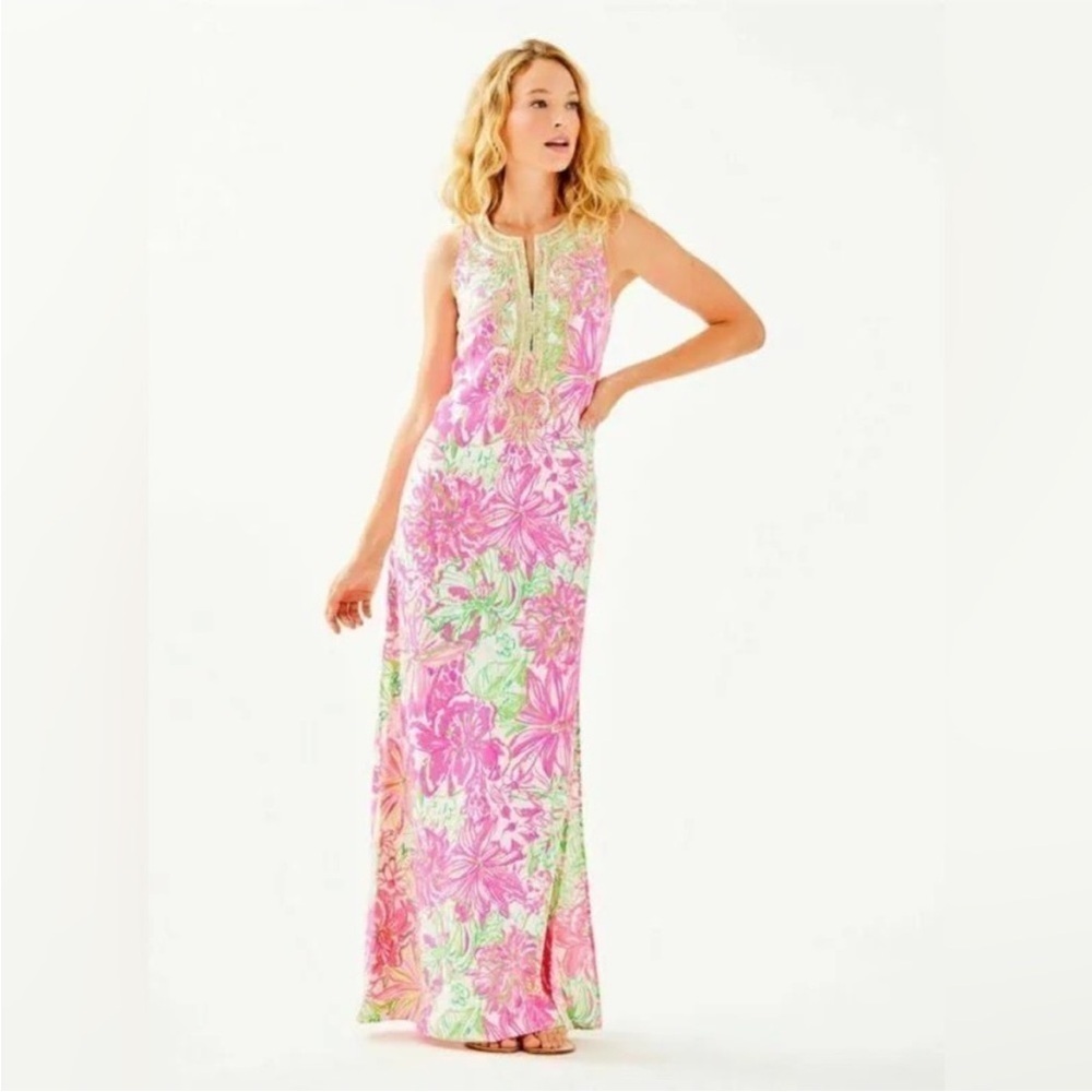 Lily Pulitzer Carlotta Koala Me Maybe Maxi Dress pink green gold size 00